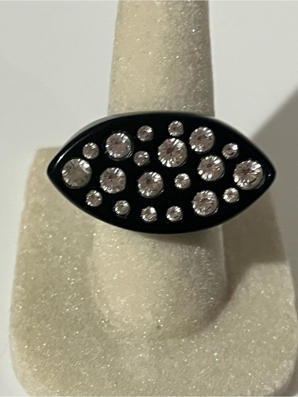 Marquis Shaped Black Lucite Ring with Shiny Crystals Size 6.5